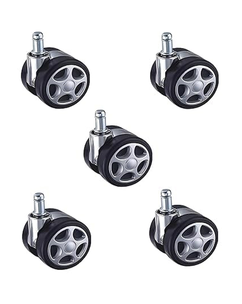 Set of five K25 heavy-duty alloy twin caster wheels for chairs by Modo Chairs, featuring durable construction and smooth rolling action.