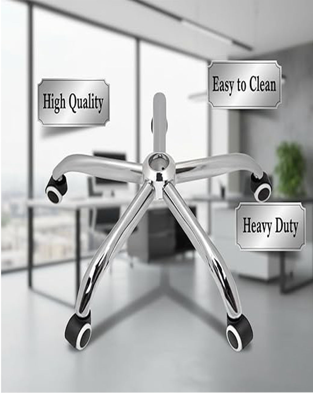 Chrome spider chair base with twin casters from Modo Chairs, featuring a sturdy metal structure and smooth rolling wheels.