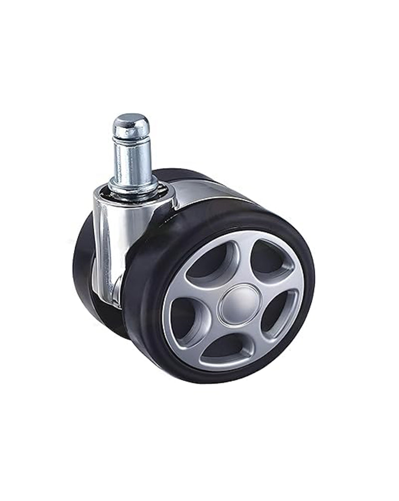 Pair of K25 heavy-duty alloy twin caster wheels for chairs, durable Modo Chairs wheels, shown in black with metal mounts.