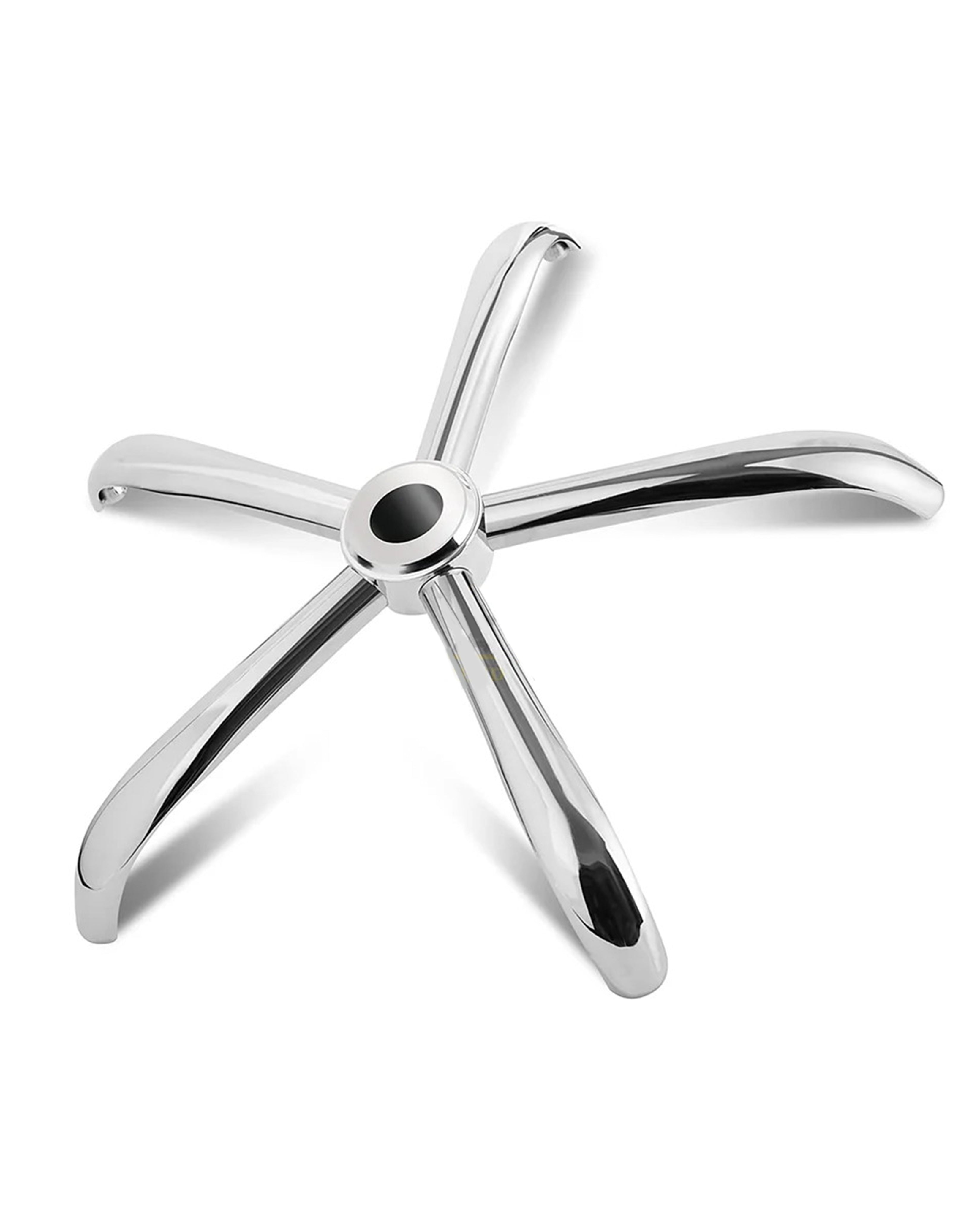 Chrome spider chair base with twin casters for Modo Chairs, featuring a sturdy five-arm design and smooth rolling casters.