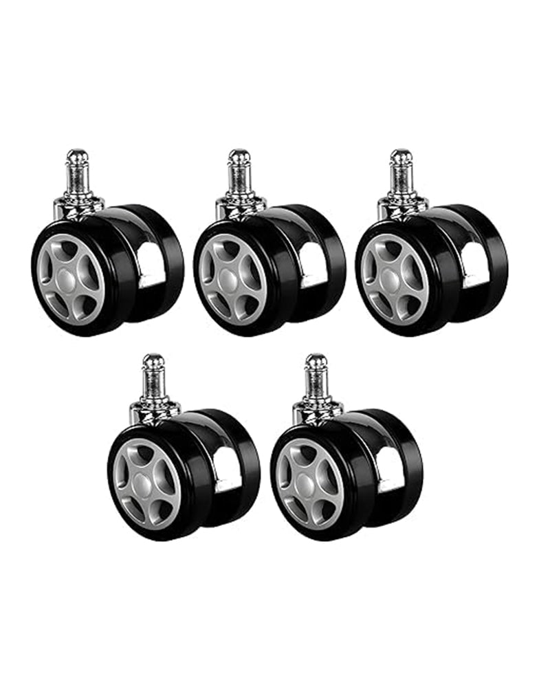 Set of five K25 heavy-duty alloy twin caster wheels for chairs, durable and sturdy with smooth rolling action.