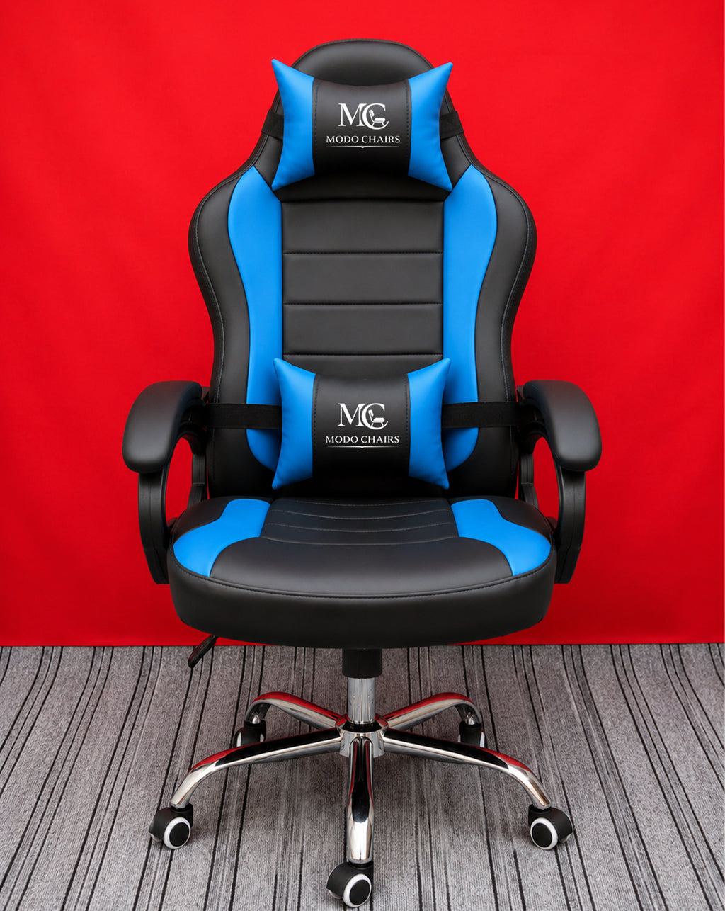 Blue Modo Phantom X gaming chair with ergonomic design, adjustable armrests, and cushioned seat for comfortable gaming sessions.