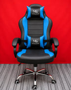 Blue Modo Phantom X gaming chair with ergonomic design, adjustable armrests, and cushioned seat for comfortable gaming sessions.