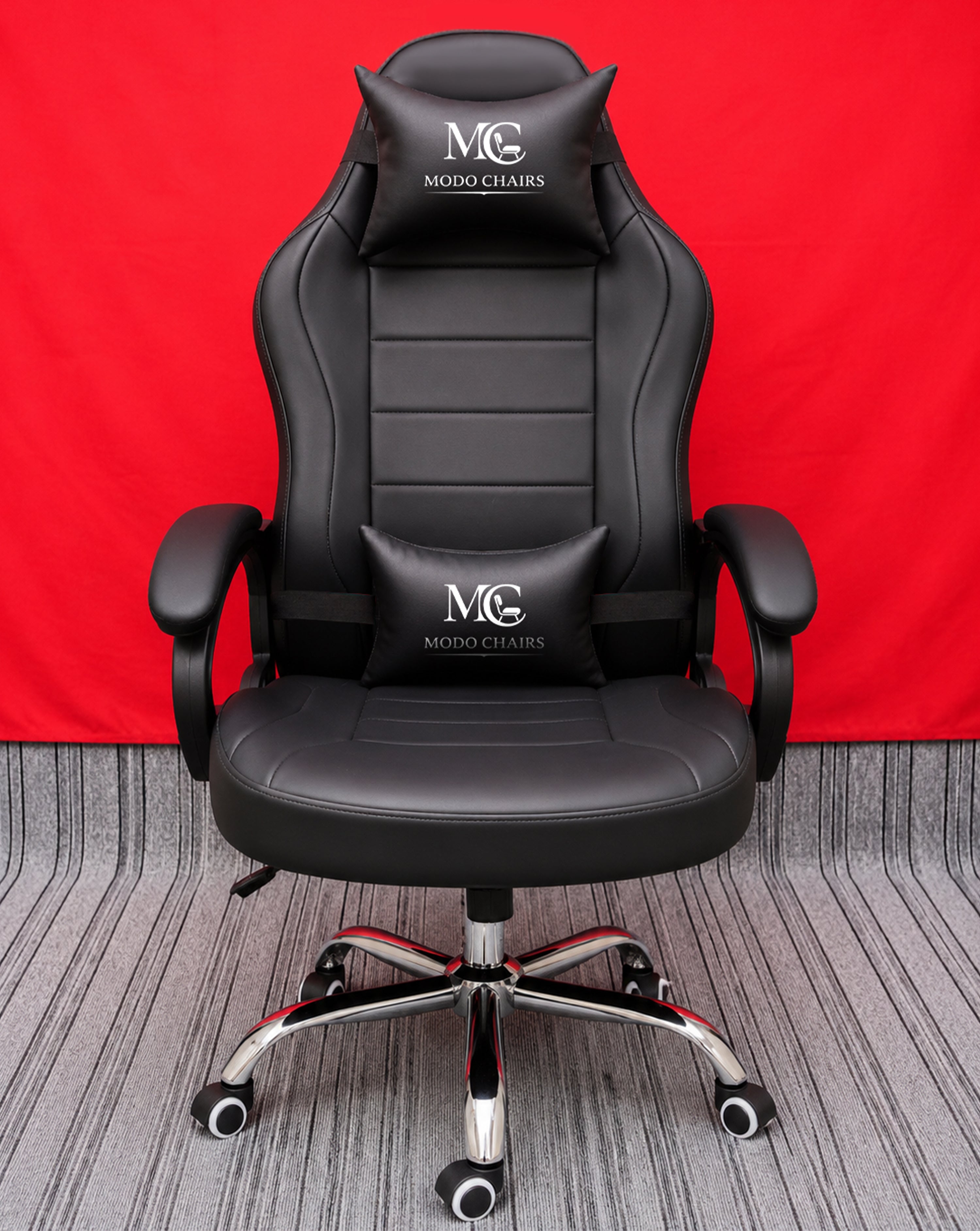 Black Modo Phantom X gaming chair with ergonomic design and adjustable features, ideal for gaming setups and office use.