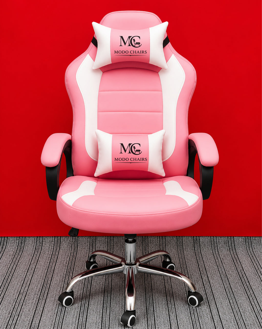 Pink Modo Phantom X gaming chair with ergonomic design, adjustable armrests, and stylish fabric upholstery for comfortable gaming sessions.