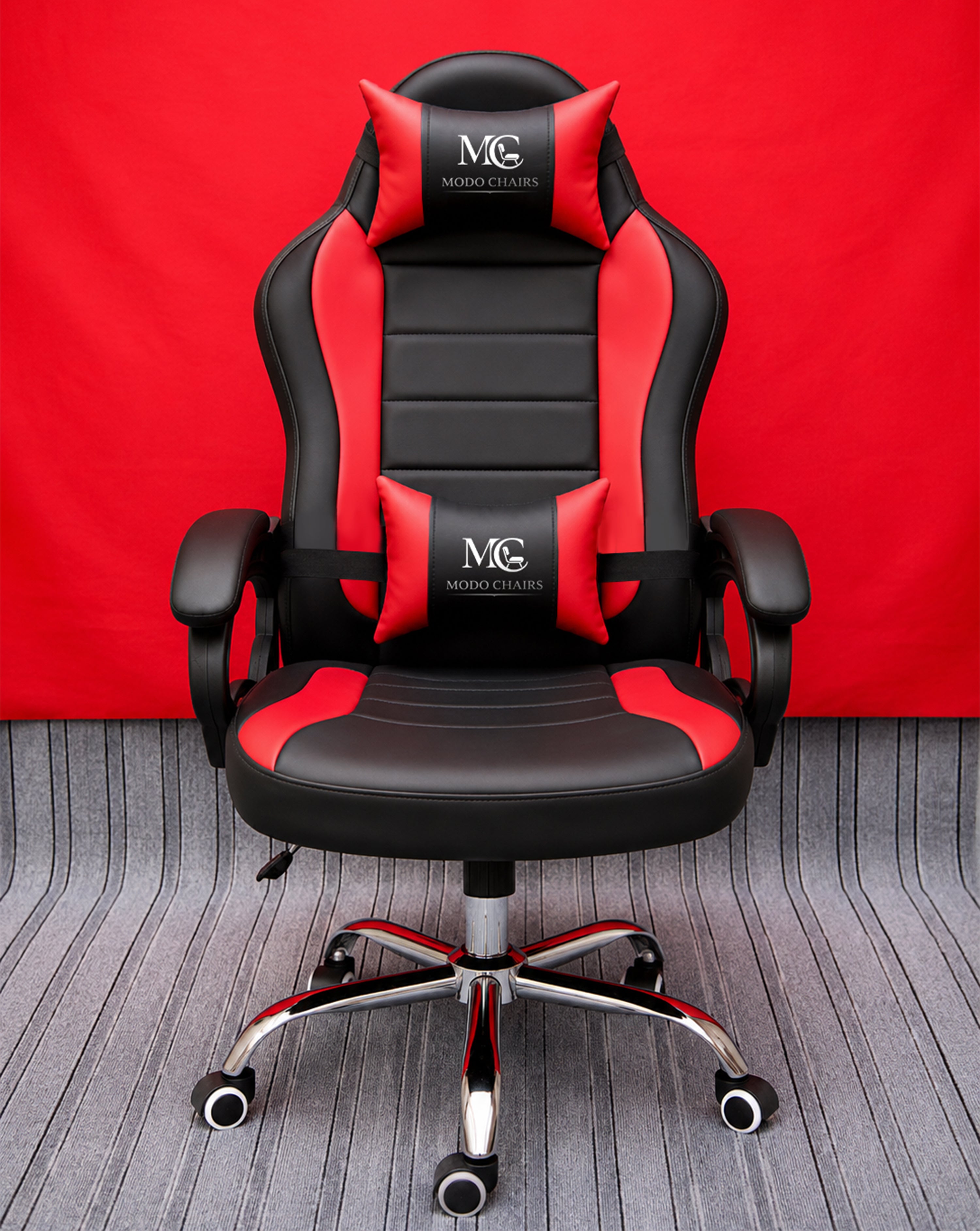 Red Modo Phantom X gaming chair with ergonomic design and adjustable features for comfortable gaming sessions.