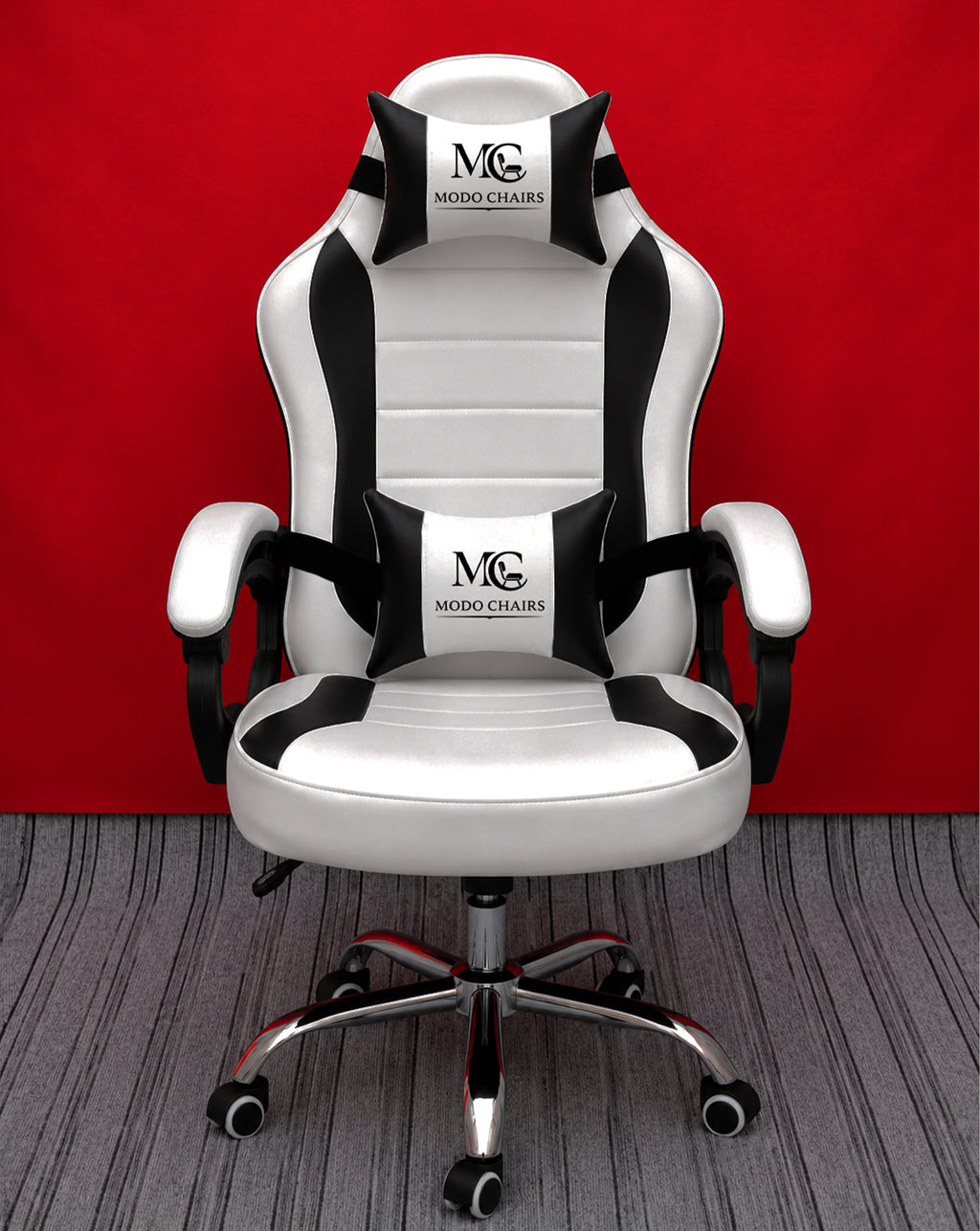 White Modo Phantom X gaming chair with ergonomic design, adjustable armrests, and high-back support for comfortable gaming sessions.