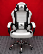 White Modo Phantom X gaming chair with ergonomic design, adjustable armrests, and high-back support for comfortable gaming sessions.