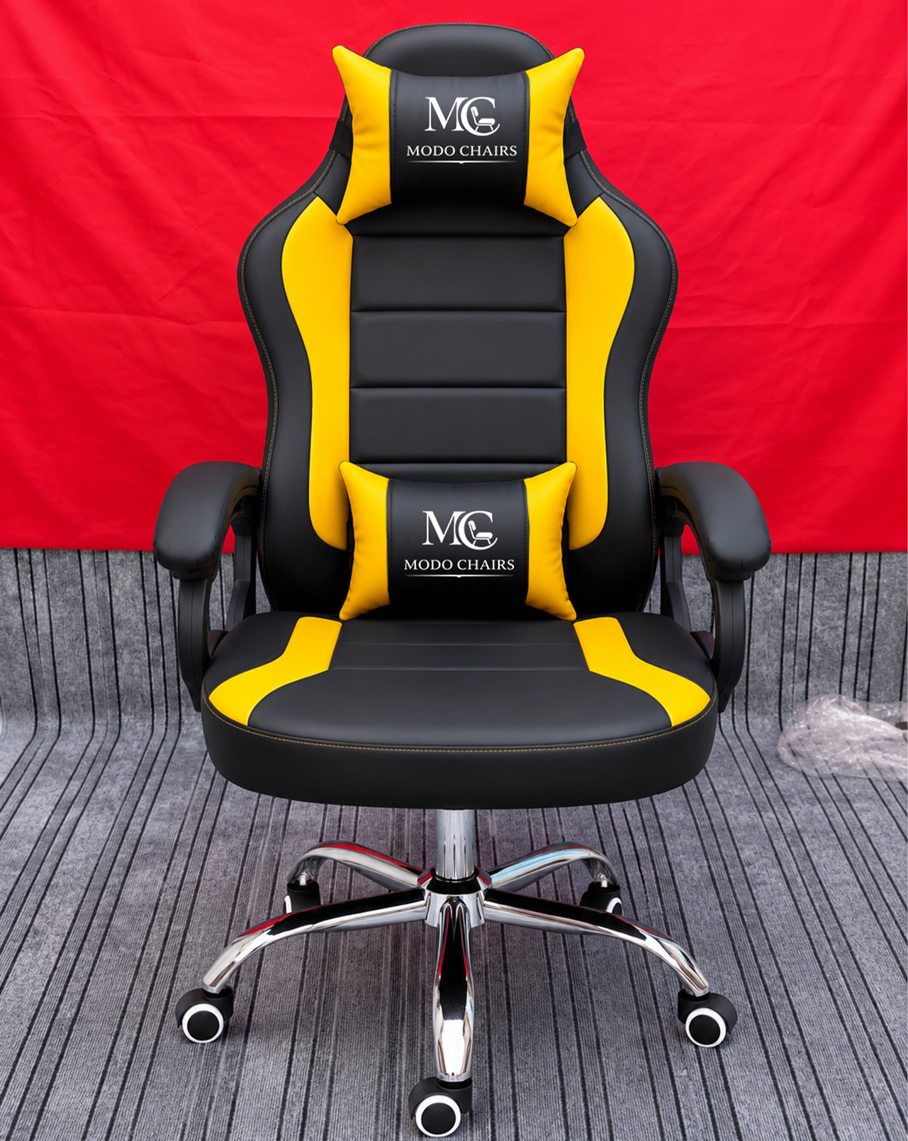Yellow Modo Phantom X gaming chair with ergonomic design and adjustable features, ideal for comfortable gaming sessions.